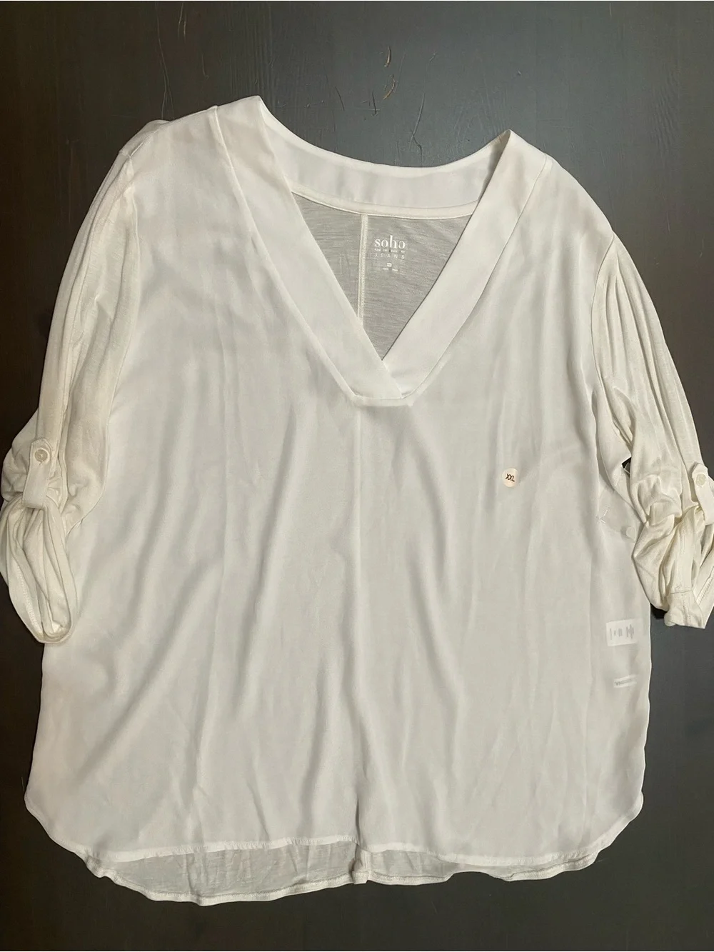NWT Soho NY&C White V-Neck Roll-Tab Sleeve Mixed Media Blouse Top XXL